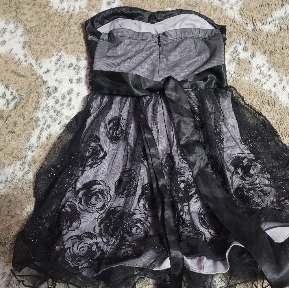 Rose Print Satin&Tulle Layered Strapless Mini-Dress